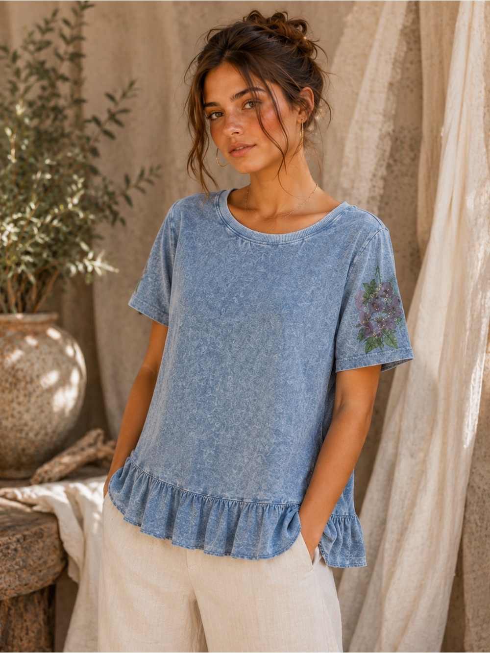 Aratta Silent Journey Blue Mineral Wash Ruffle Back Top Size S